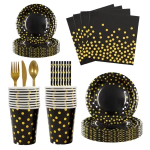 Black Gold Birthday Decorations Golden Dot Disposable Tableware Set Paper Plates Cups Napkins Adult Wedding Party Supplies