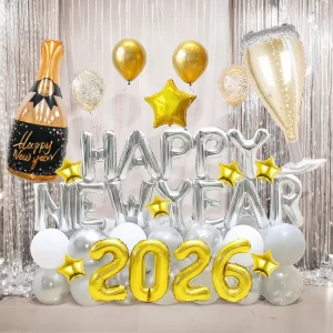 59pcs 2026 Happy New Year aluminum foil balloon set, New Year party, 2026 Happy New Year party, New Year atmosphere props