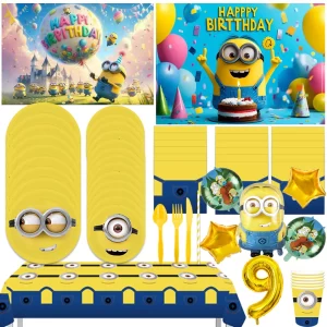Cartoon M&Miniones Birthday Party Decoration Disposable Tableware Cup Plate Tablecloth Balloons Yellow Big Eyes Backdrop Banner